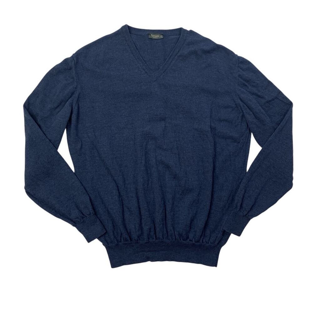 Ferrante Sweater Mens M Medium Navy‎ Wool Essential V Neck Pullover Made Italy